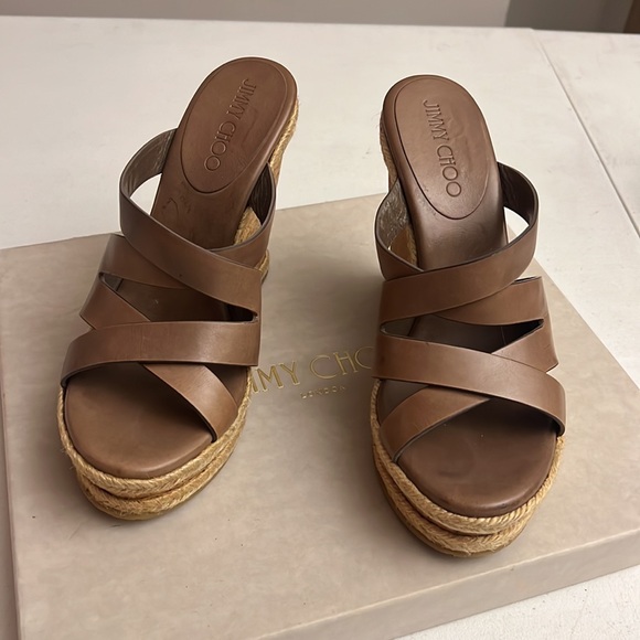 LkNew JIMMY CHOO Prisma Vachetta Cork Wedge platform Sandal in MINK TAN 38.5 38 - Picture 3 of 11